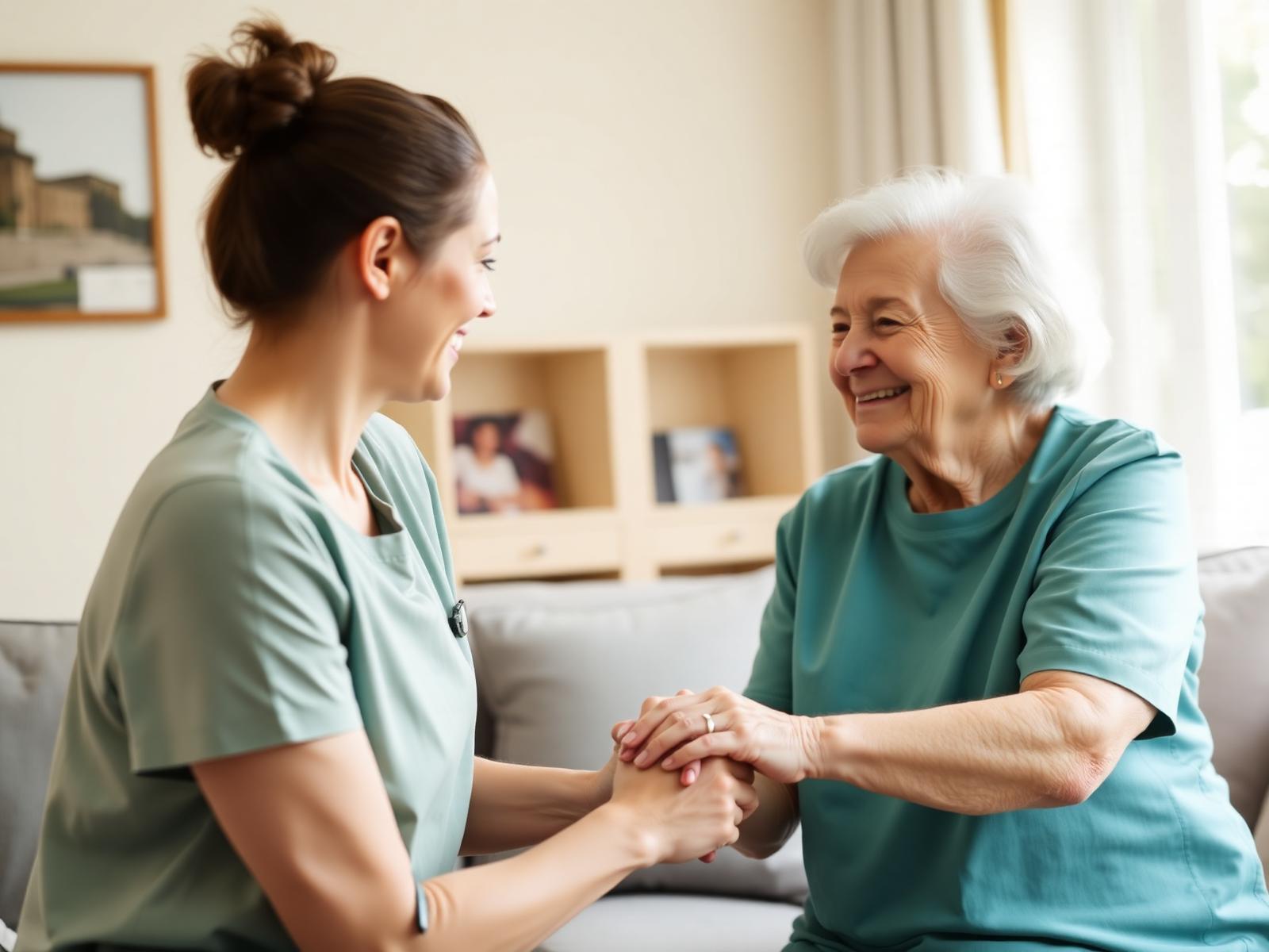 A carer holding hands with an elderly woman in her living room